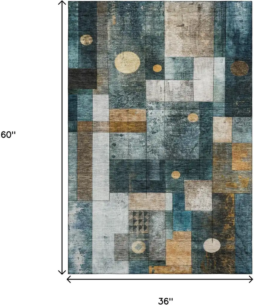 Teal Brown And Ivory Geometric Washable Area Rug With UV Protection Photo 9
