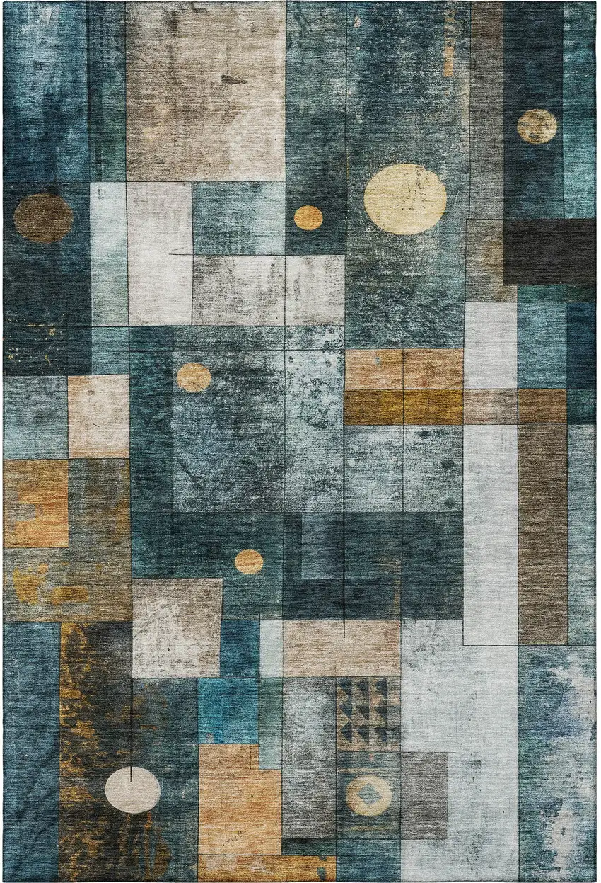 Teal Brown And Ivory Geometric Washable Area Rug With UV Protection Photo 2
