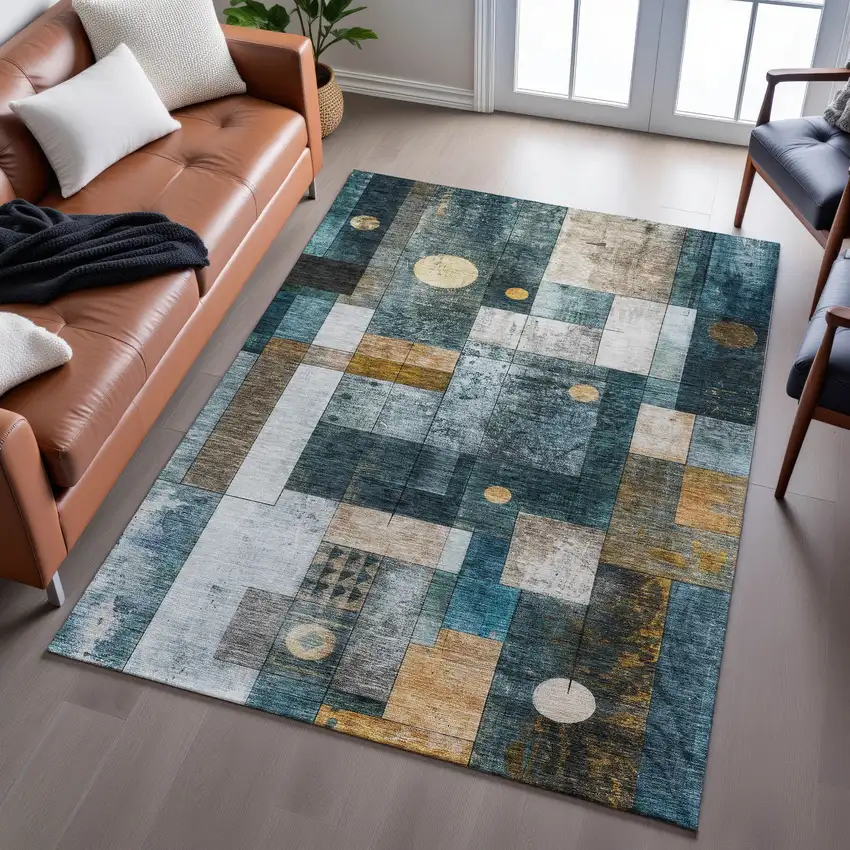 Teal Brown And Ivory Geometric Washable Area Rug With UV Protection Photo 4