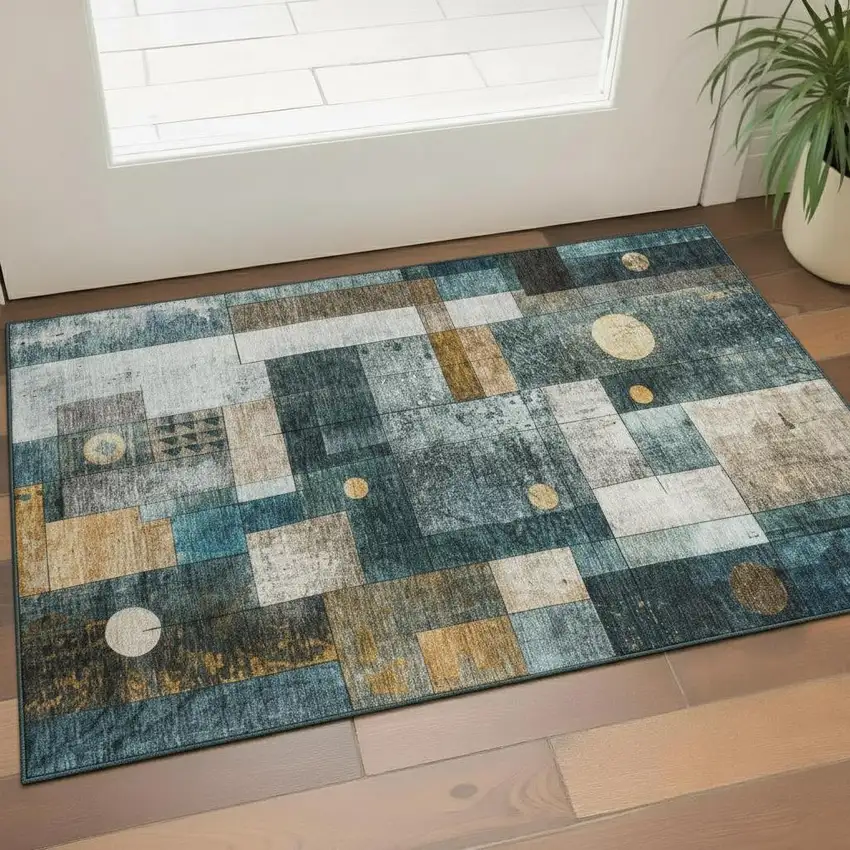 Teal Brown And Ivory Geometric Washable Area Rug With UV Protection Photo 2