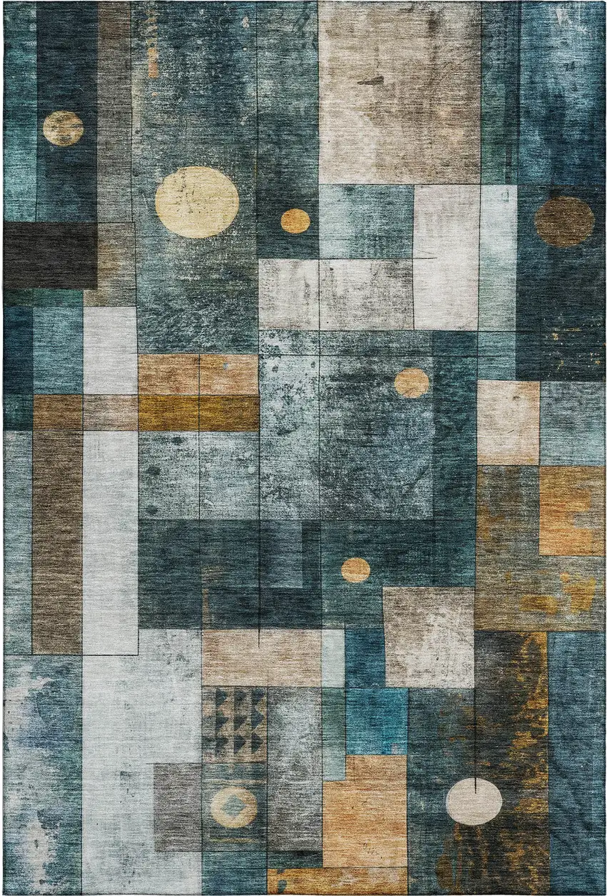 Teal Brown And Ivory Geometric Washable Area Rug With UV Protection Photo 1