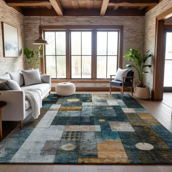 Teal Brown And Ivory Geometric Washable Area Rug With UV Protection Photo 3