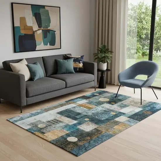 Teal Brown And Ivory Geometric Washable Area Rug With UV Protection Photo 2