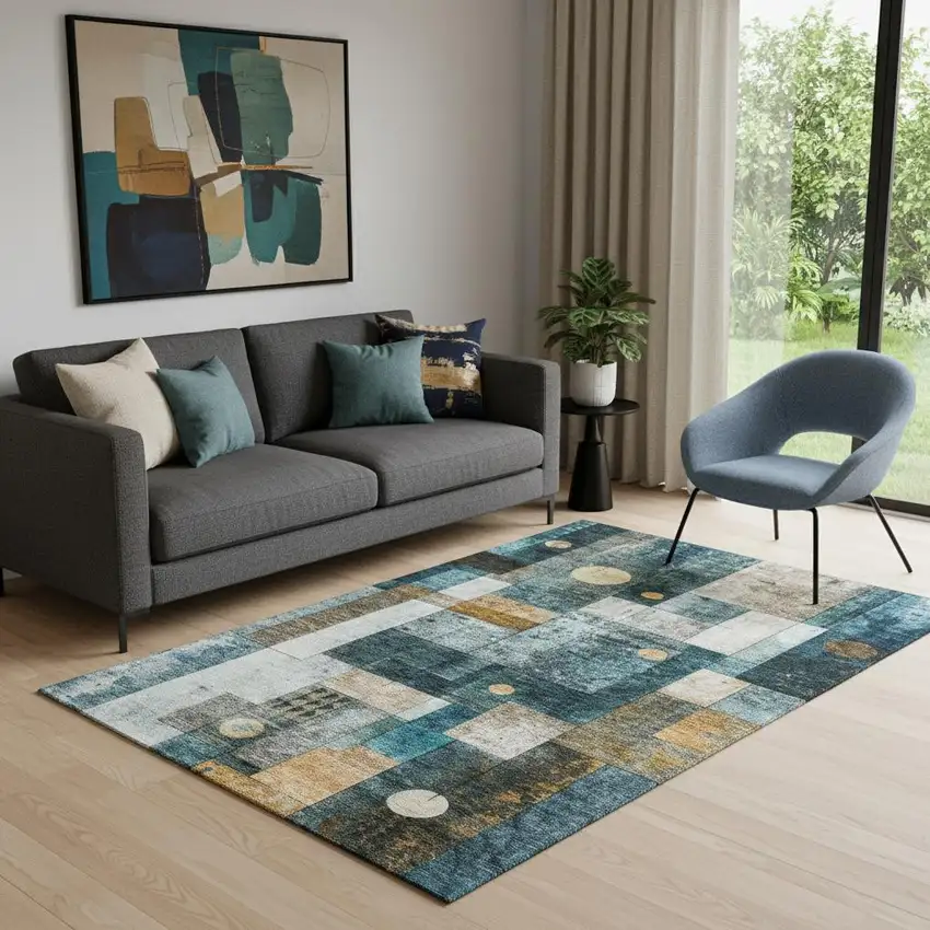 Teal Brown And Ivory Geometric Washable Area Rug With UV Protection Photo 2
