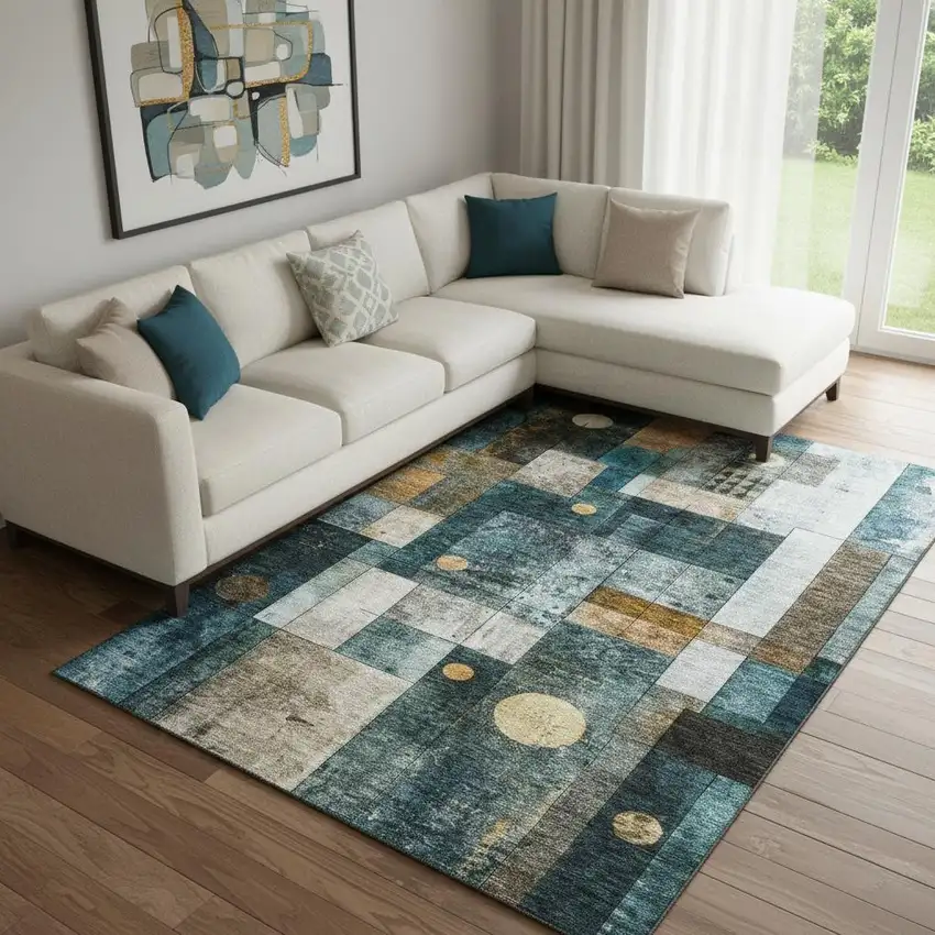 Teal Brown And Ivory Geometric Washable Area Rug With UV Protection Photo 2