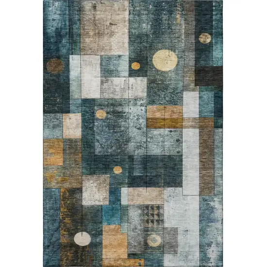 Teal Brown And Ivory Geometric Washable Area Rug With UV Protection Photo 3
