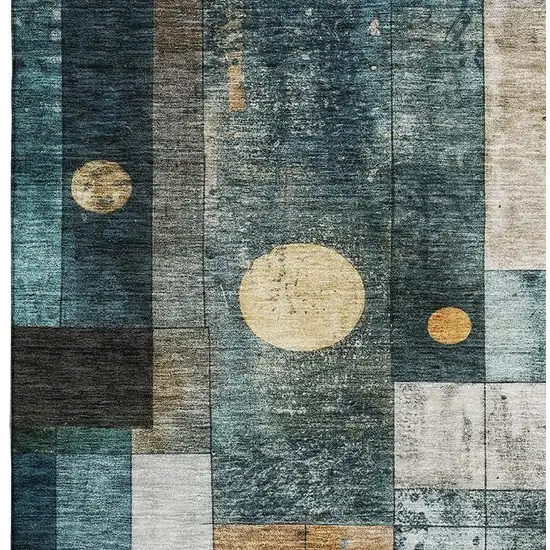 Teal Brown And Ivory Geometric Washable Area Rug With UV Protection Photo 2