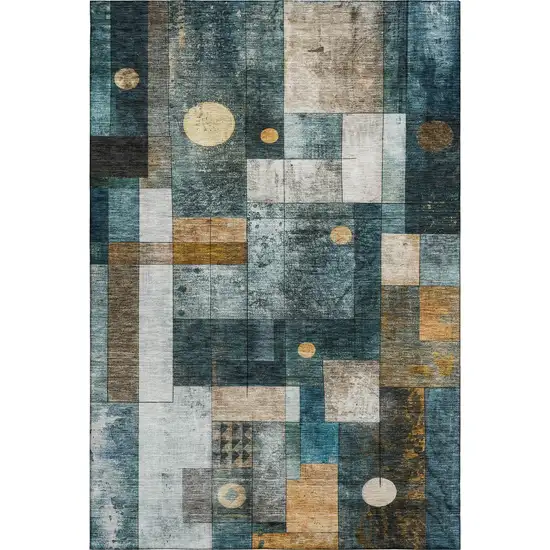 Teal Brown And Ivory Geometric Washable Area Rug With UV Protection Photo 1