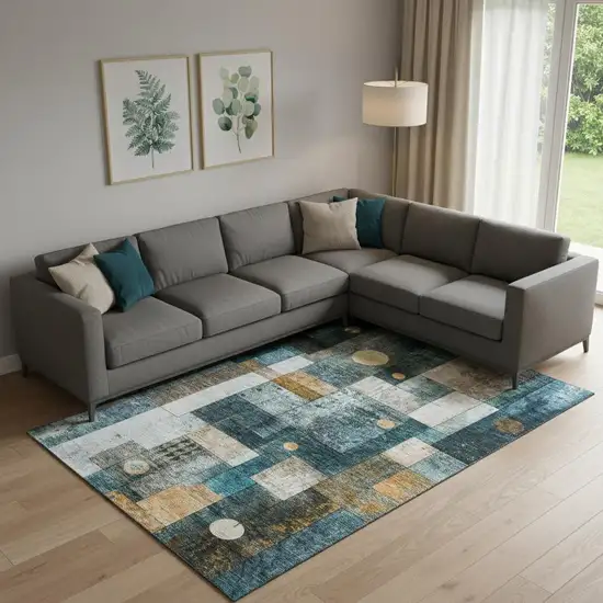 Teal Brown And Ivory Geometric Washable Area Rug With UV Protection Photo 2