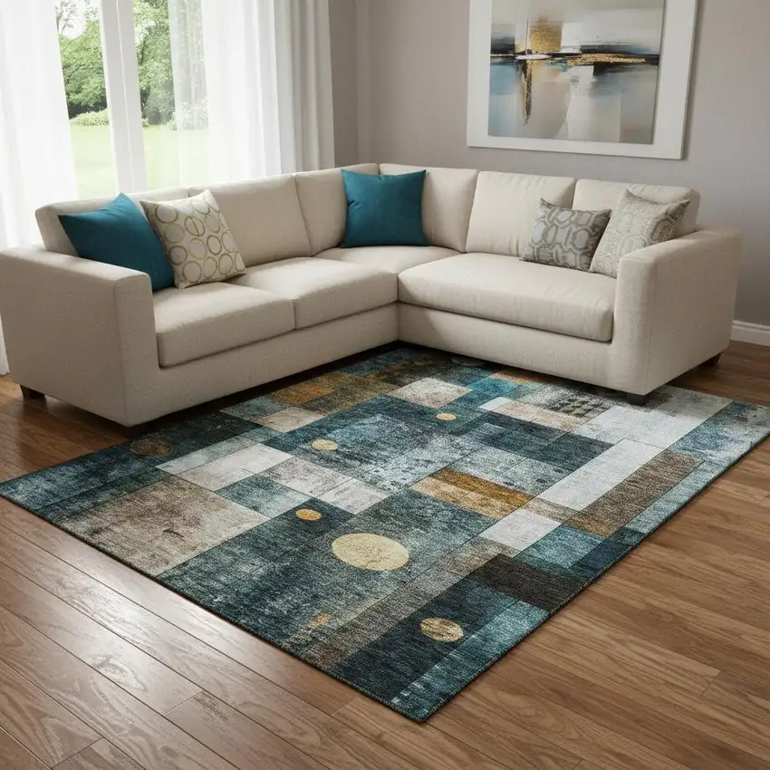 Teal Brown And Ivory Geometric Washable Area Rug With UV Protection Photo 2