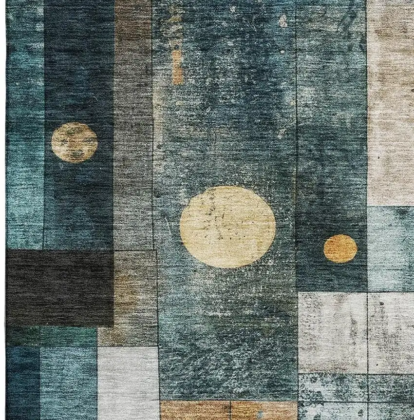 Teal Brown And Ivory Geometric Washable Area Rug With UV Protection Photo 3