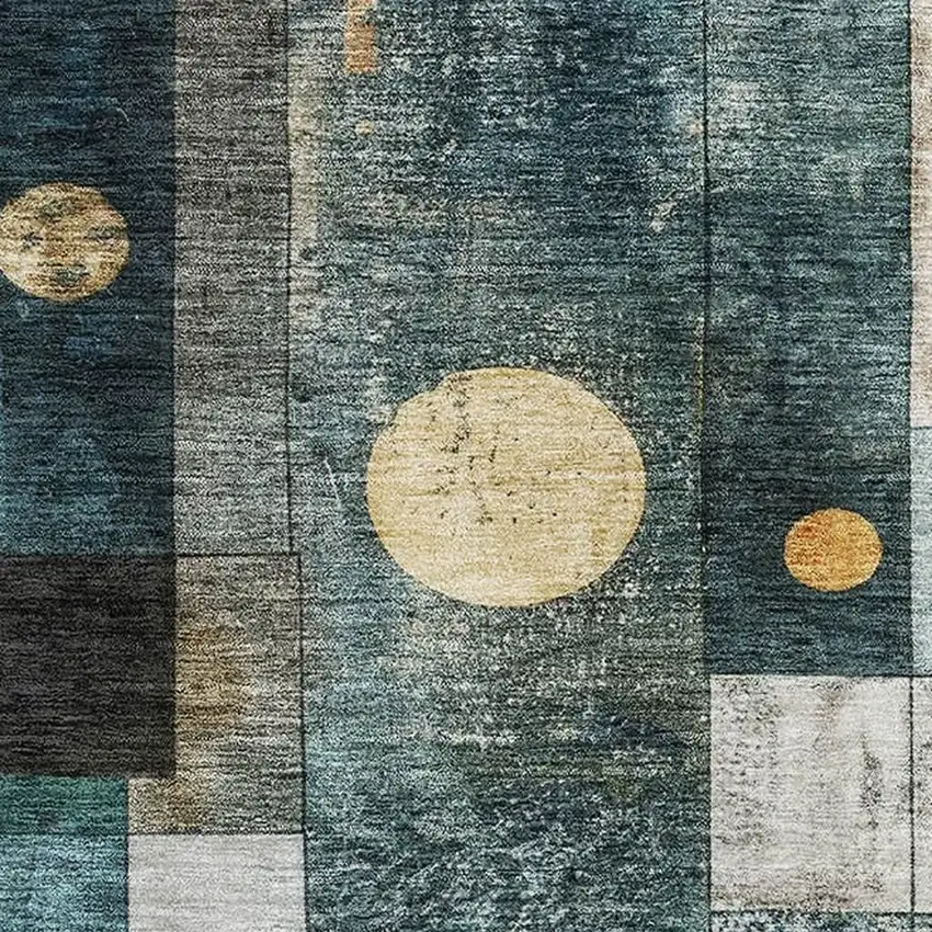 Teal Brown And Ivory Geometric Washable Area Rug With UV Protection Photo 2