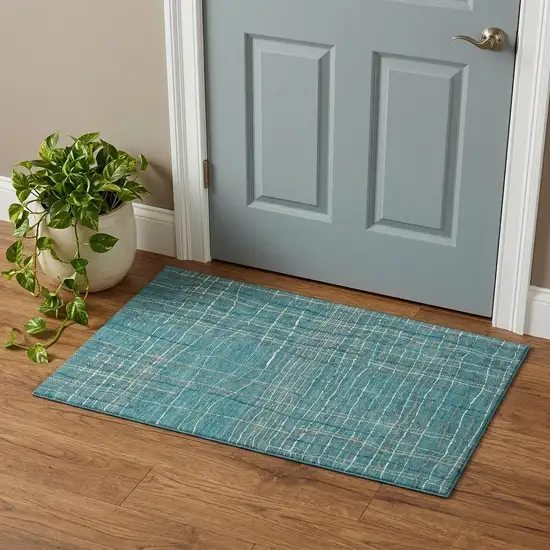 Teal Brown And Ivory Striped Washable Area Rug With UV Protection Photo 1