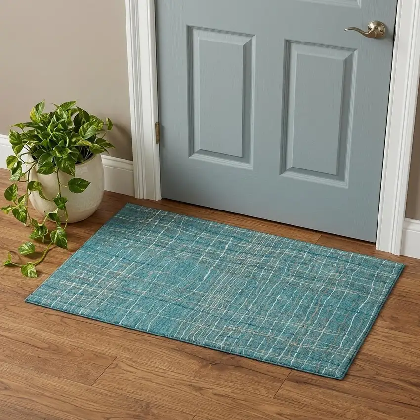Teal Brown And Ivory Striped Washable Area Rug With UV Protection Photo 1
