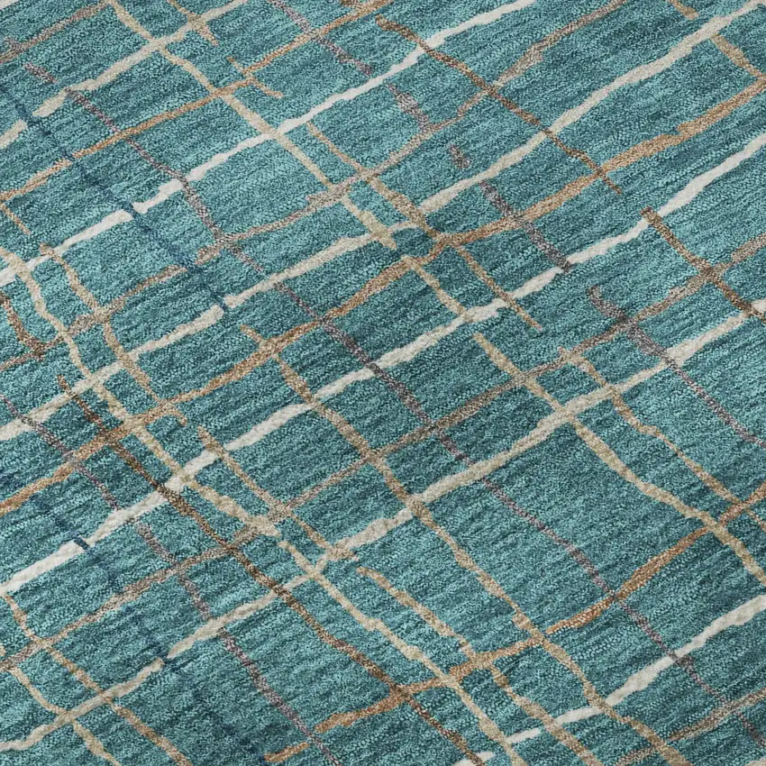 Teal Brown And Ivory Striped Washable Area Rug With UV Protection Photo 9