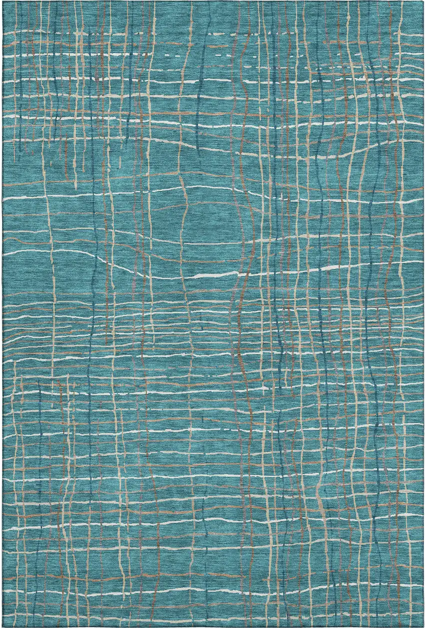 Teal Brown And Ivory Striped Washable Area Rug With UV Protection Photo 1