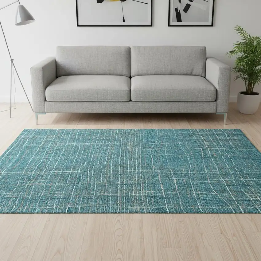 Teal Brown And Ivory Striped Washable Area Rug With UV Protection Photo 2