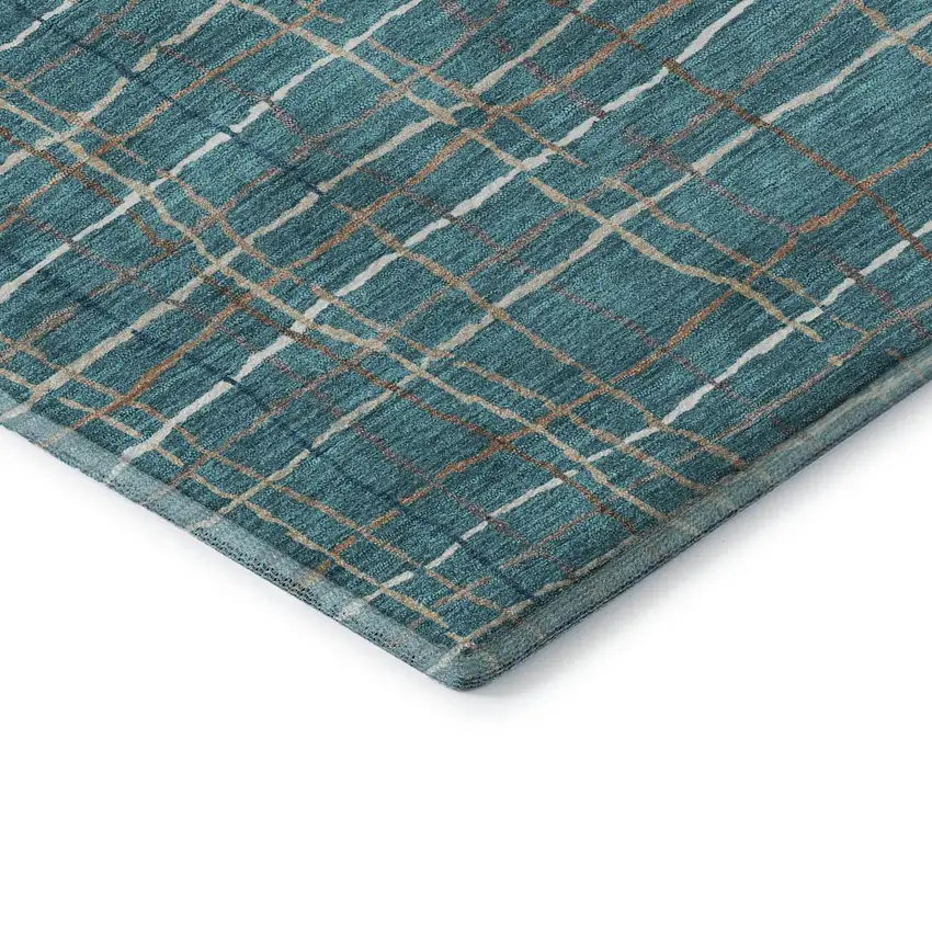 Teal Brown And Ivory Striped Washable Area Rug With UV Protection Photo 6