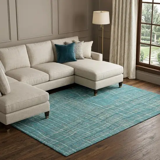 Teal Brown And Ivory Striped Washable Area Rug With UV Protection Photo 1
