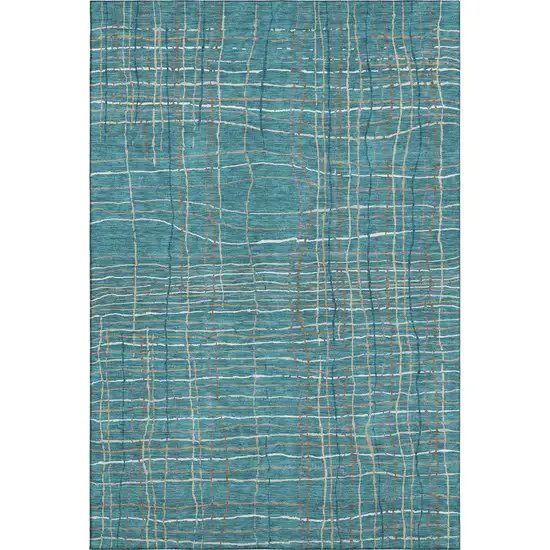 Teal Brown And Ivory Striped Washable Area Rug With UV Protection Photo 1