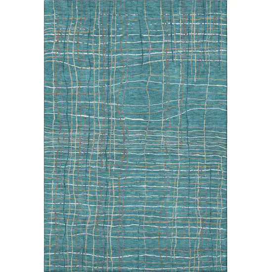 Teal Brown And Ivory Striped Washable Area Rug With UV Protection Photo 2