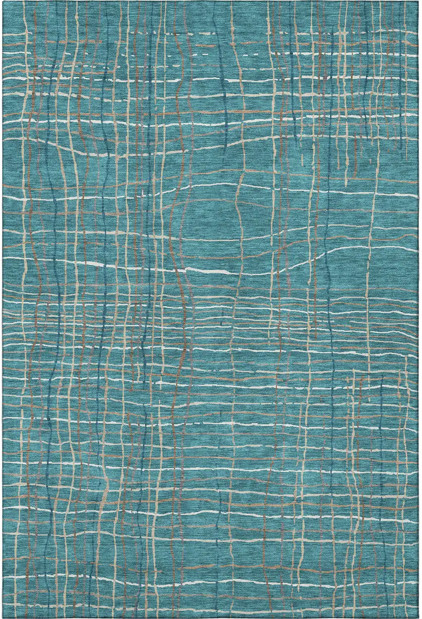 Teal Brown And Ivory Striped Washable Area Rug With UV Protection Photo 2