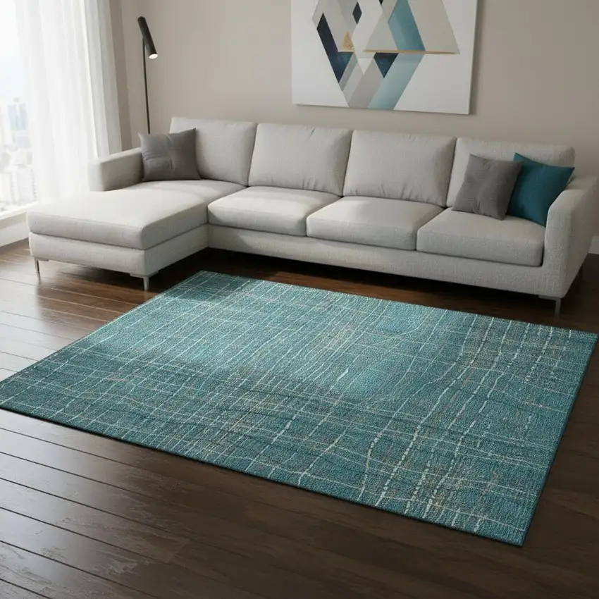 Teal Brown And Ivory Striped Washable Area Rug With UV Protection Photo 2