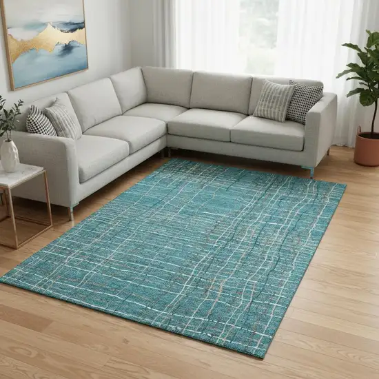 Teal Brown And Ivory Striped Washable Area Rug With UV Protection Photo 2