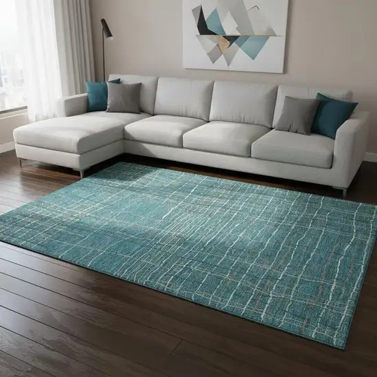 Teal Brown And Ivory Striped Washable Area Rug With UV Protection Photo 2