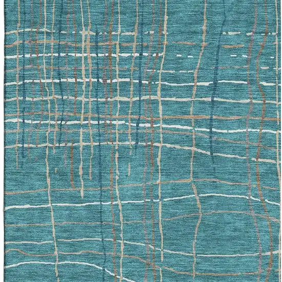 Teal Brown And Ivory Striped Washable Area Rug With UV Protection Photo 3