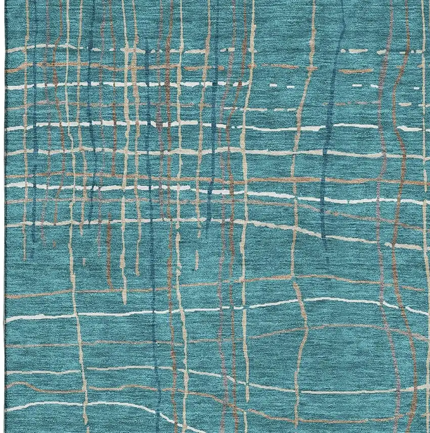 Teal Brown And Ivory Striped Washable Area Rug With UV Protection Photo 3