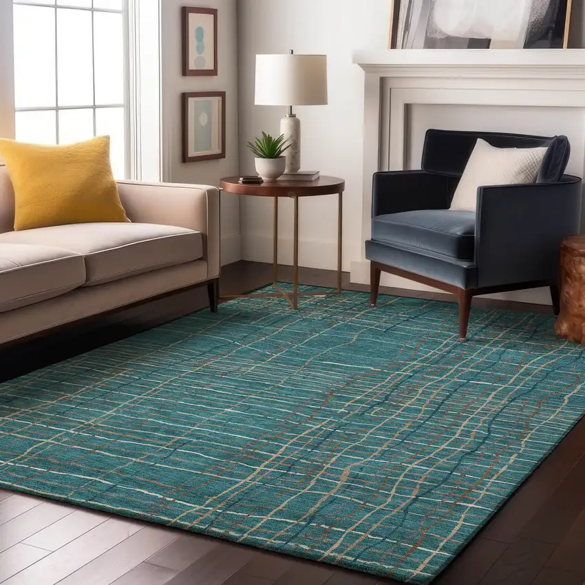 Teal Brown And Ivory Striped Washable Area Rug With UV Protection Photo 5