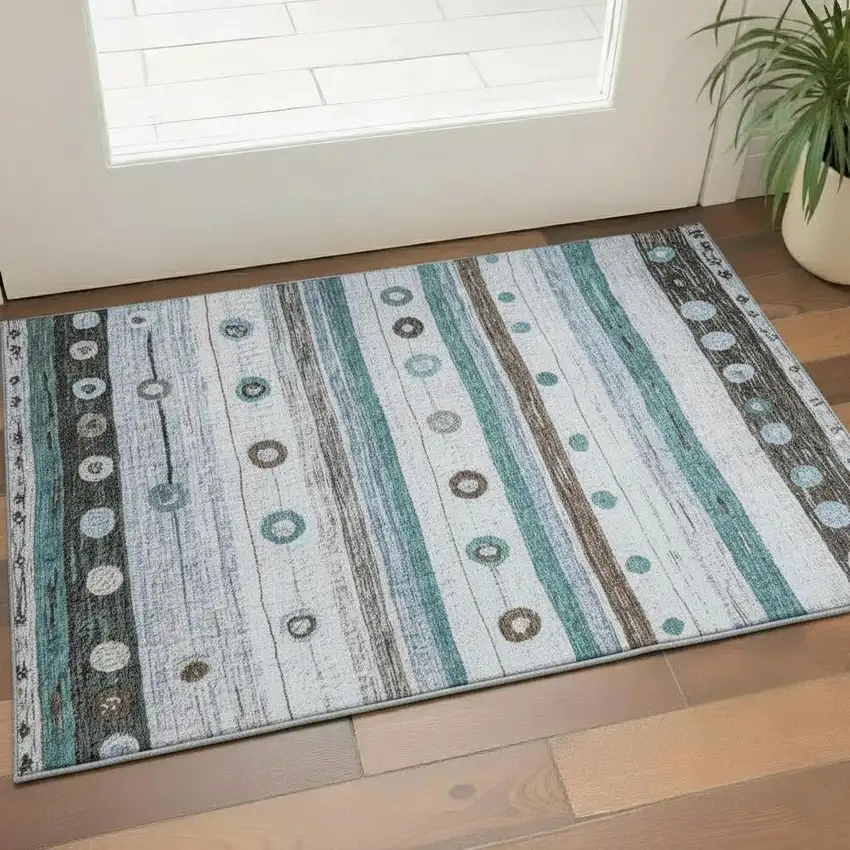 Teal Brown And Ivory Striped Washable Area Rug With UV Protection Photo 2