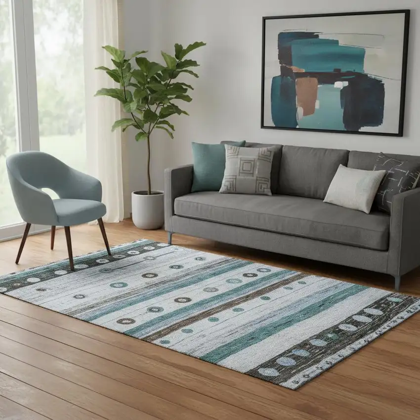 Teal Brown And Ivory Striped Washable Area Rug With UV Protection Photo 2