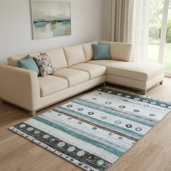 Teal Brown And Ivory Striped Washable Area Rug With UV Protection Photo 2