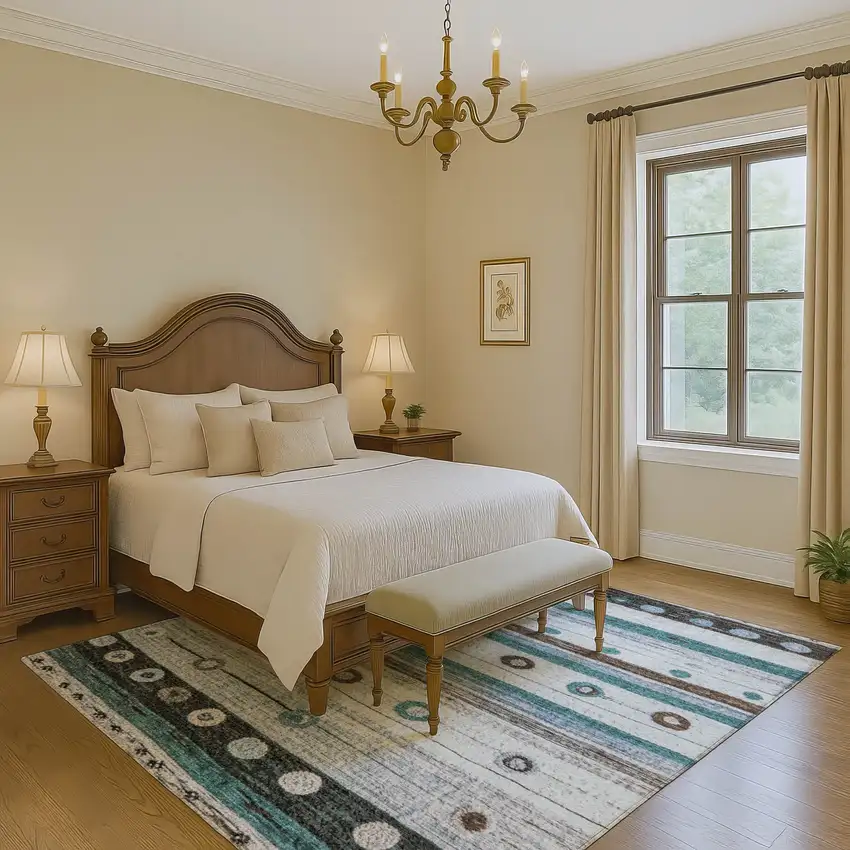 Teal Brown And Ivory Striped Washable Area Rug With UV Protection Photo 6