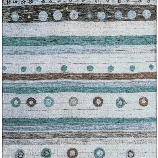 Teal Brown And Ivory Striped Washable Area Rug With UV Protection Photo 4