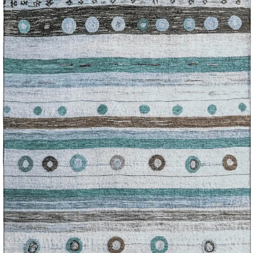 Teal Brown And Ivory Striped Washable Area Rug With UV Protection Photo 4