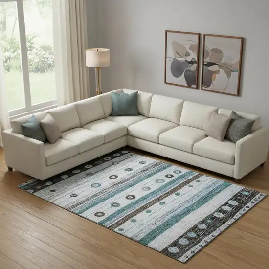 Teal Brown And Ivory Striped Washable Area Rug With UV Protection Photo 2