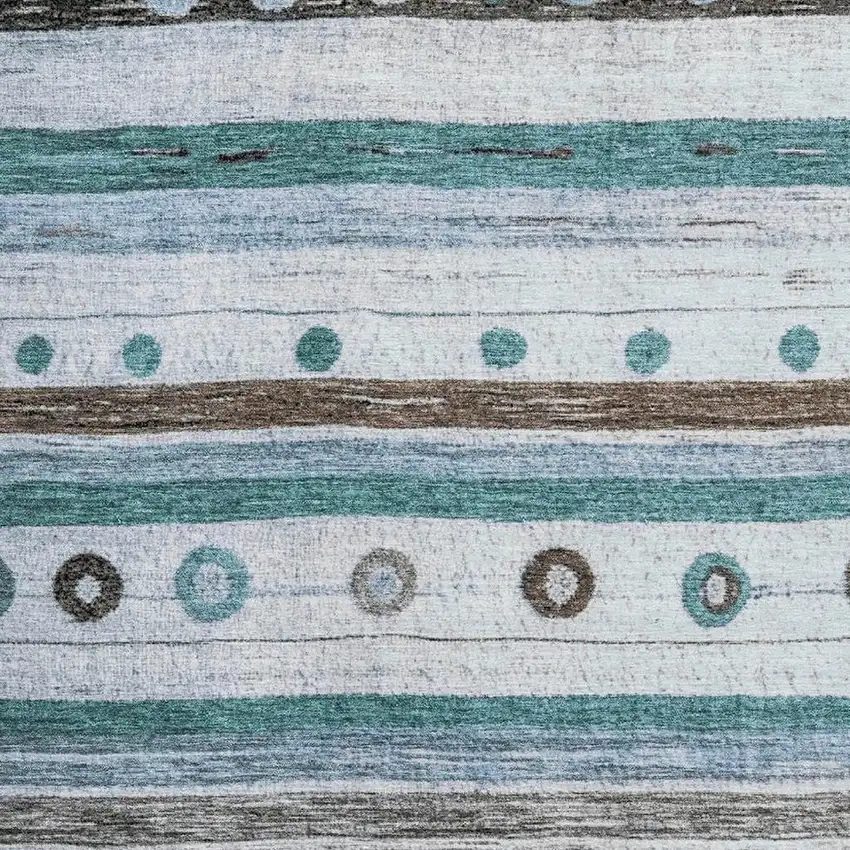 Teal Brown And Ivory Striped Washable Area Rug With UV Protection Photo 3