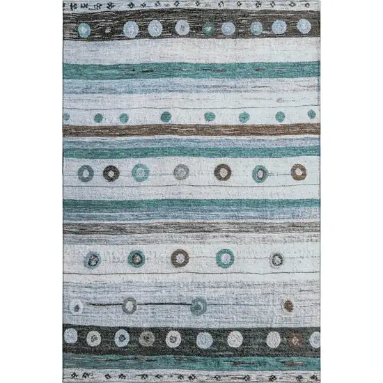 Teal Brown And Ivory Striped Washable Area Rug With UV Protection Photo 1