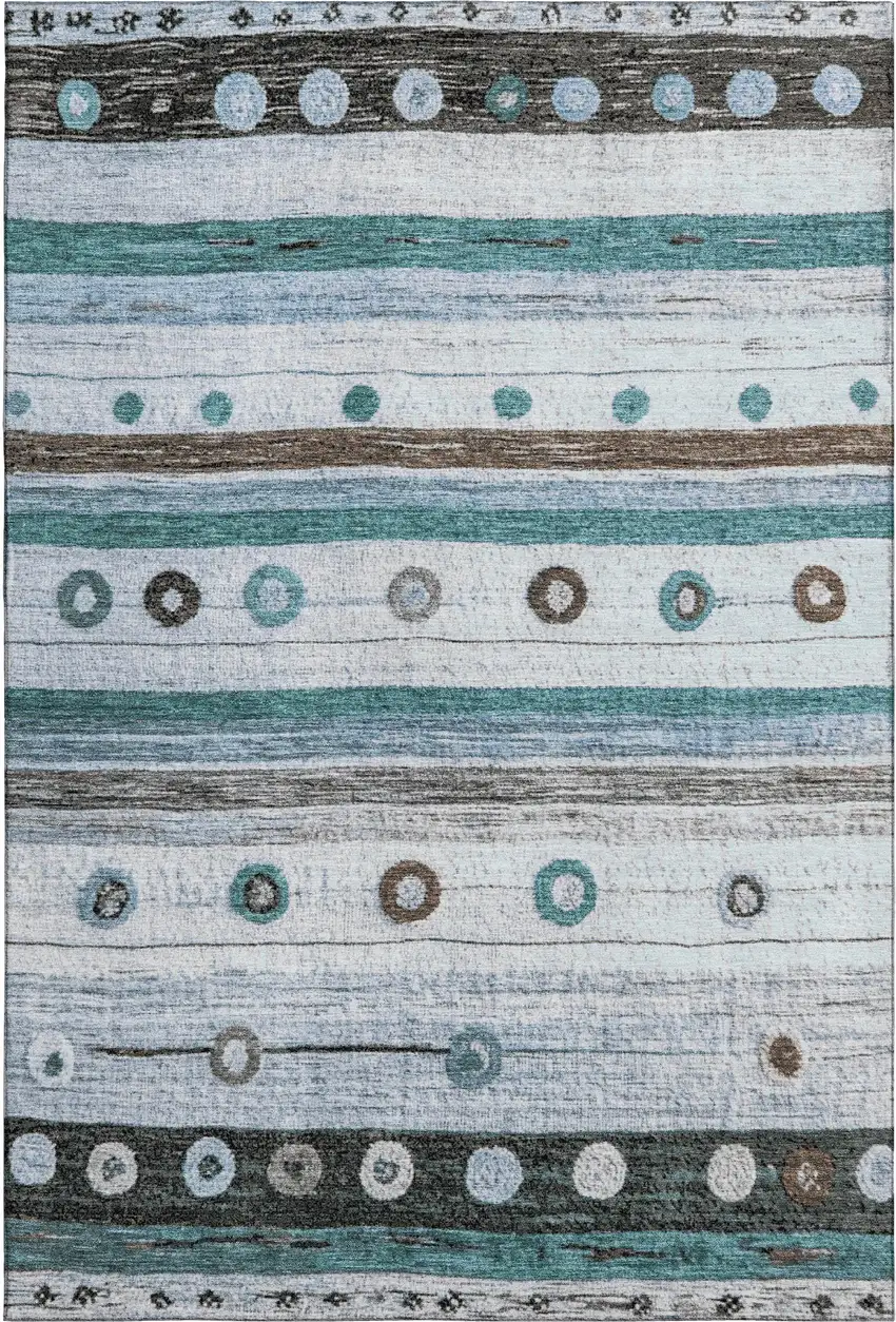 Teal Brown And Ivory Striped Washable Area Rug With UV Protection Photo 1