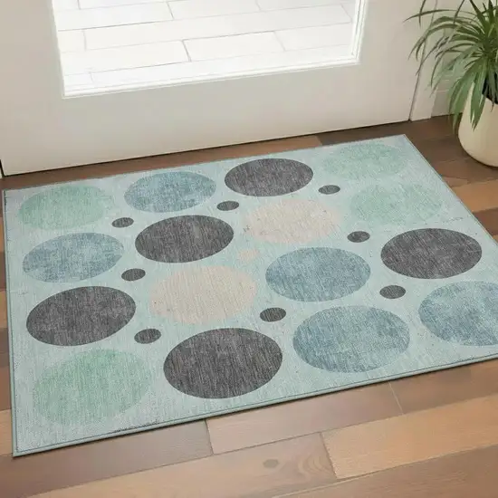 Teal Charcoal And Beige Geometric Washable Area Rug With UV Protection Photo 2