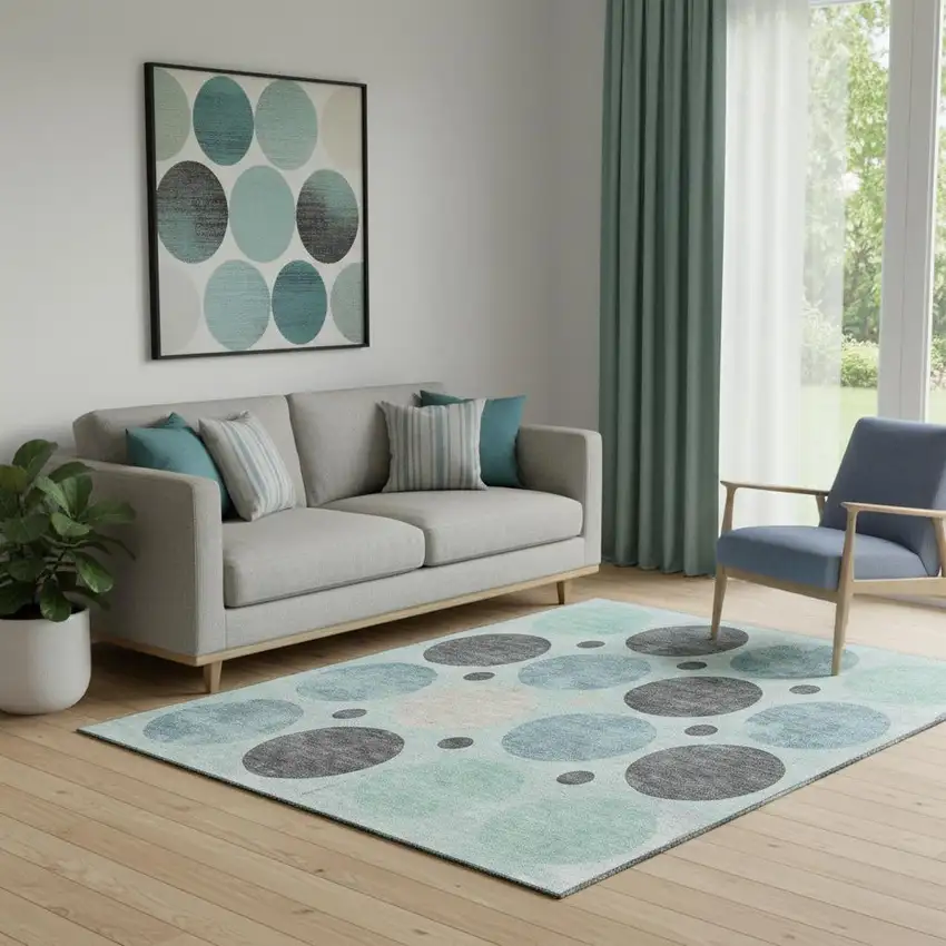 Teal Charcoal And Beige Geometric Washable Area Rug With UV Protection Photo 2