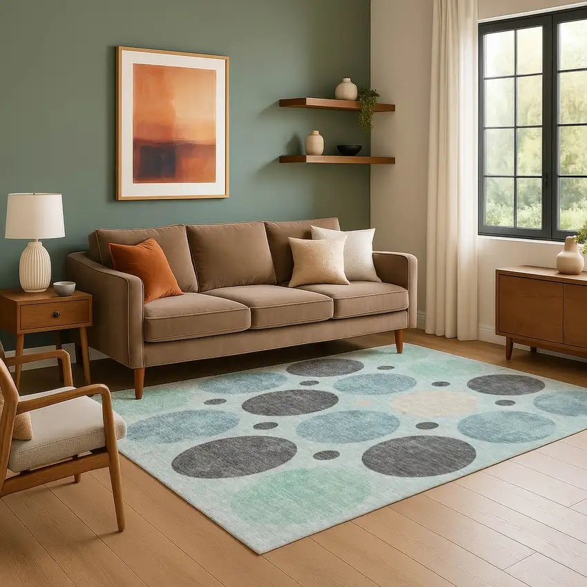 Teal Charcoal And Beige Geometric Washable Area Rug With UV Protection Photo 6