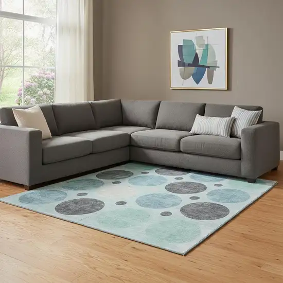 Teal Charcoal And Beige Geometric Washable Area Rug With UV Protection Photo 2