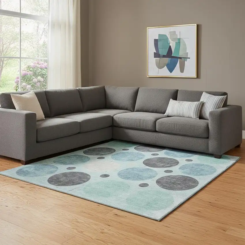 Teal Charcoal And Beige Geometric Washable Area Rug With UV Protection Photo 2