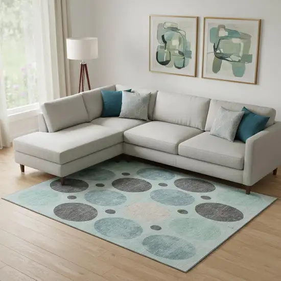 Teal Charcoal And Beige Geometric Washable Area Rug With UV Protection Photo 2