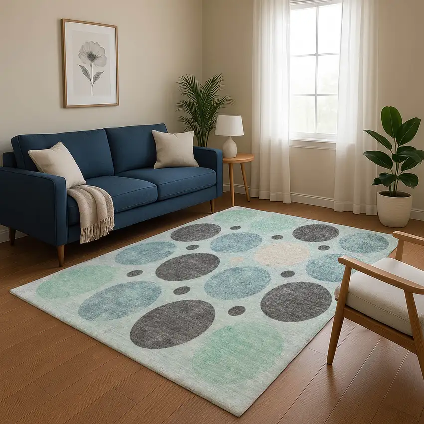 Teal Charcoal And Beige Geometric Washable Area Rug With UV Protection Photo 5