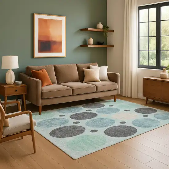 Teal Charcoal And Beige Geometric Washable Area Rug With UV Protection Photo 6